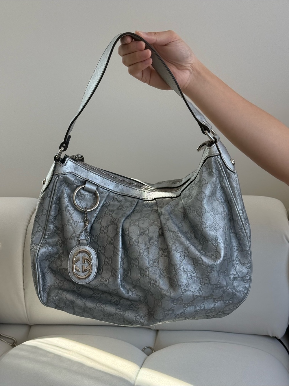 Authentic Gucci Sukey Guccissima Leather Silver Handbag